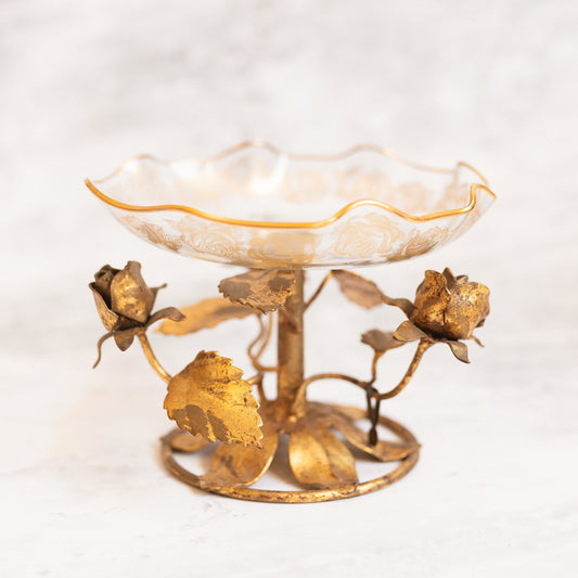 Vintage Italian Glass Compote with Gilded Toleware Roses