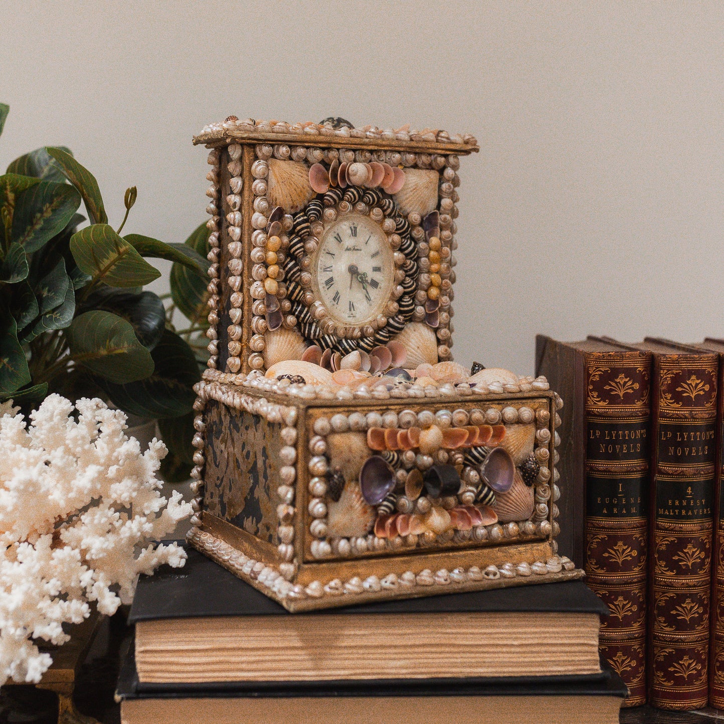 Vintage Sailor Sea Shell Clock & Jewelry Box