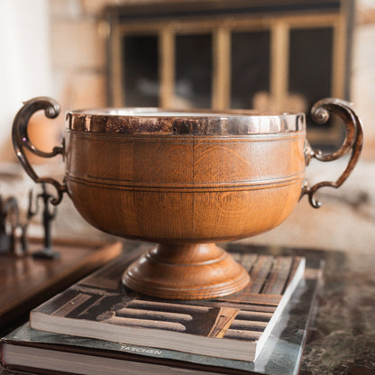 Edwardian Oak Salad Bowl with Silver Mounts & Porcelain Liner