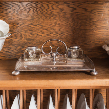 Edwardian Silver Double Inkwell with Crystal Bottles by Walker & Hall, Sheffield