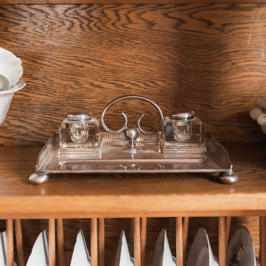 Edwardian Silver Double Inkwell with Crystal Bottles by Walker & Hall, Sheffield