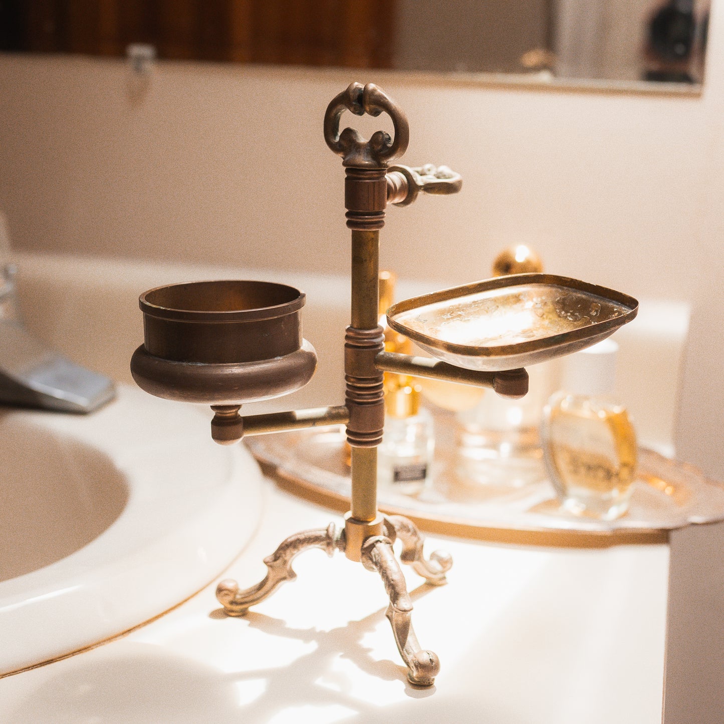 Antique Brass Soap & Tumbler Stand