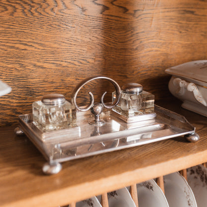 Edwardian Silver Double Inkwell with Crystal Bottles by Walker & Hall, Sheffield