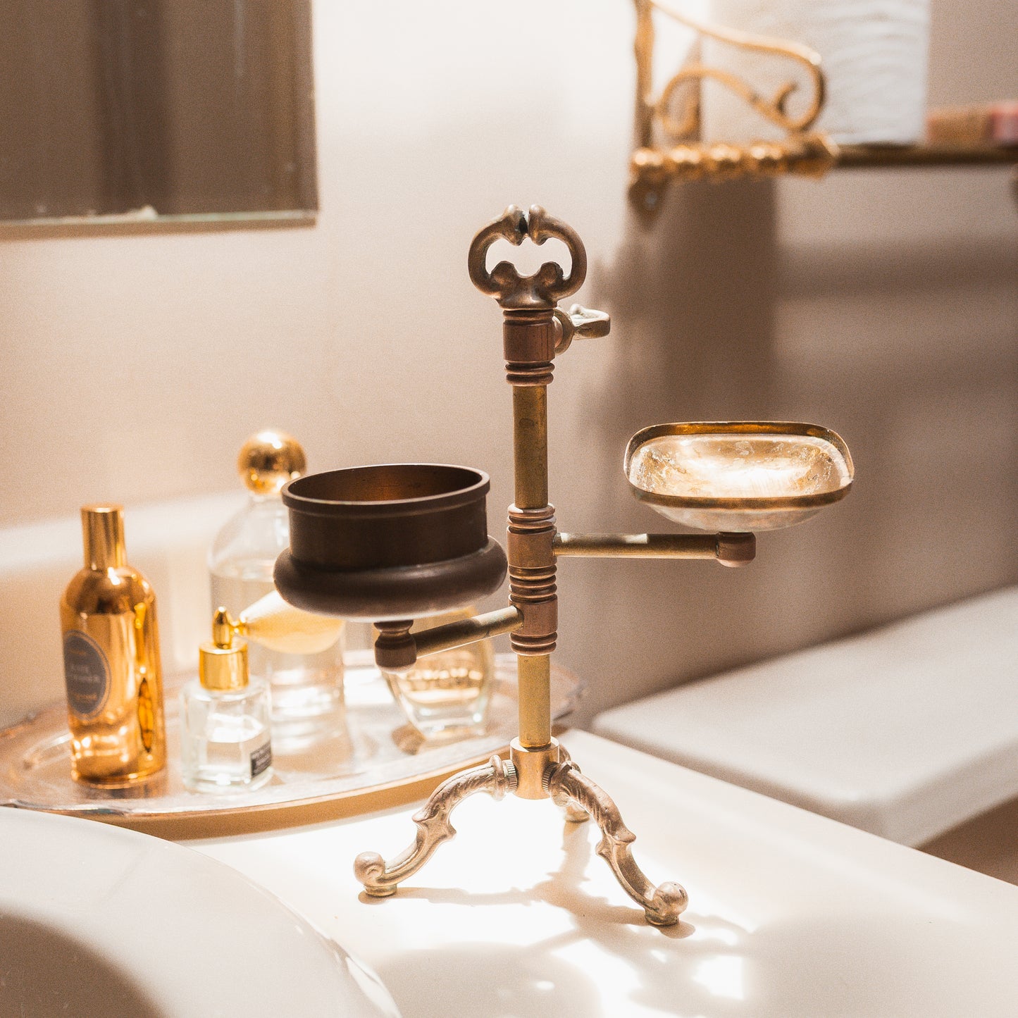 Antique Brass Soap & Tumbler Stand