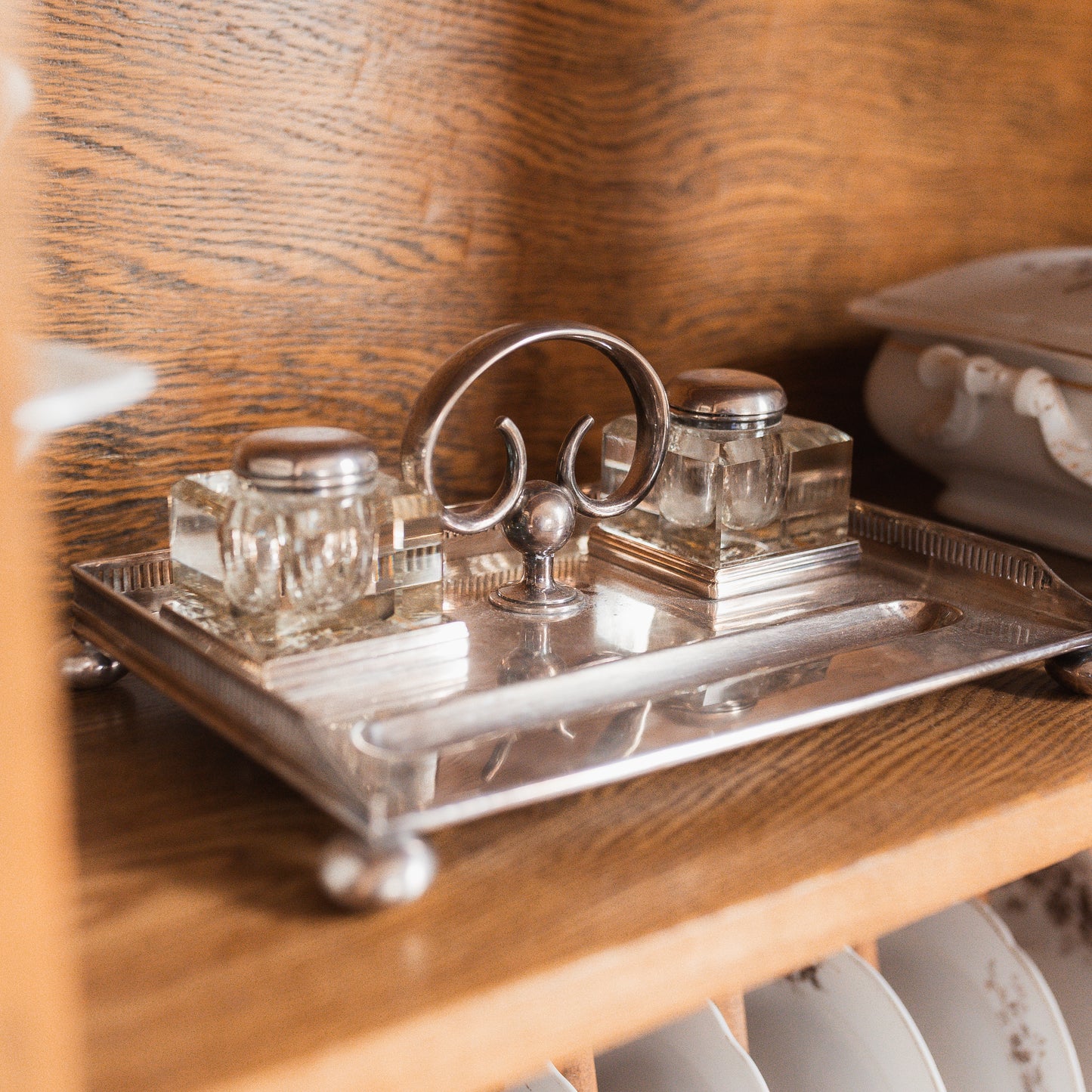 Edwardian Silver Double Inkwell with Crystal Bottles by Walker & Hall, Sheffield
